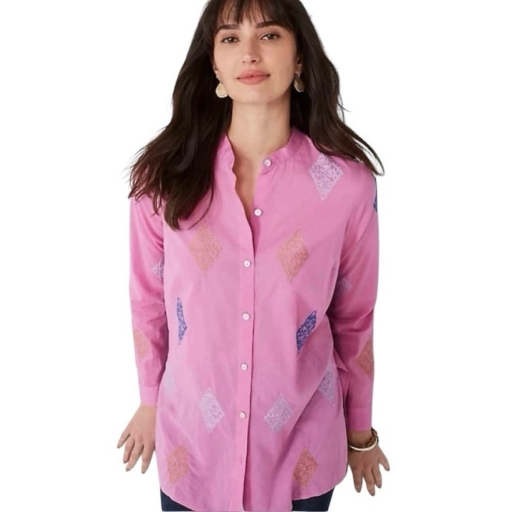 J. Jill Button Front Blouse Tunic Pink Medallion Embroidery Cotton Size Small